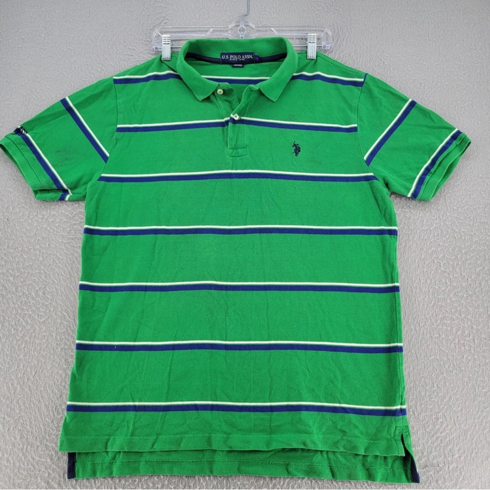 Striped Polo Shirt Men's Medium Green/Blue Adult Casual Short Sleeve.
